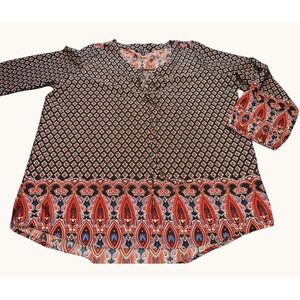 Time To Bloom Women 1X Boho Paisley Tunic Top Black Red 3/4 Bell Sleeve V-Neck